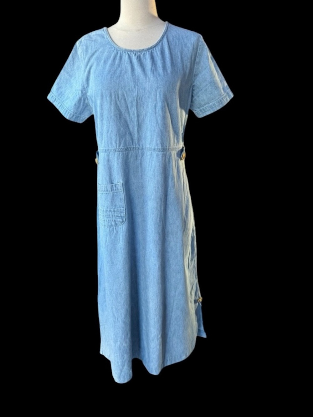 1990s Studio Ease Denim, Ornate Floral Hat Button‎ Dress